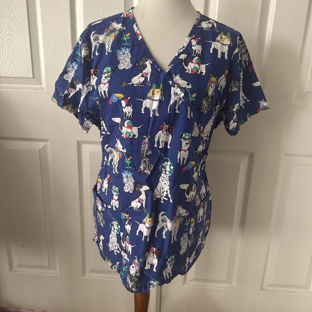 Scrubstar Medical Scrub Top XL Dogs Blue Pockets Nurse Healthcare Uniform Pocket